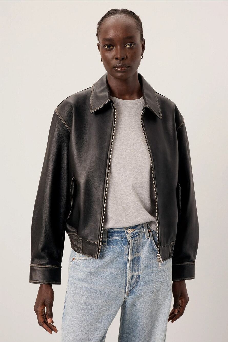 DUNST Black Leather Bomber Jacket Distressed Moto Zip Designer Large $600